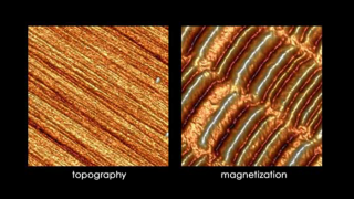 Topographic image (left) and Magnetic Force Microscopy (MFM) phase image (right) of a HDD platter surface. The high and low areas on the magnetic scan are regions with different orientation of the magnetic dipoles that store binary 1s and 0s
