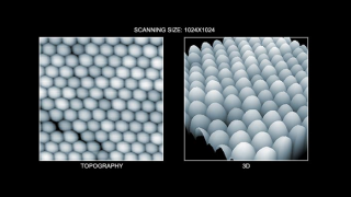 Topography (left) and 3D topography (right) images of nanoparticles