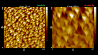 For accurate imaging of small features the AFM tip radius of curvature must be much smaller than the typical feature size. If, on the contrary, the tip is much larger than the features, the result of the measurement is an image of the tip itself! On the left is a tapping mode scan with a brand new sharp probe that reveals nicely the pyramidal structures on our TipCheck. On the right is a scan of the same TipCheck using a damaged tip. One can see clearly the triangular crosssection of the tip pyramid broken-off by improper probe handling.