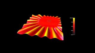 An extremely thin (30 nm) free standing silicon nitride membrane with nickel nanoparticles, following heating with a short laser pulse. The nanoparticles react with the substrate, and the induced stress in the film creates large ripples in the membrane surface.