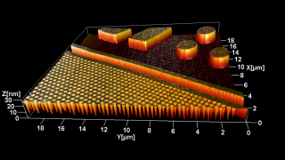 BudgetSensors CS-20NG calibration nanogrid. Structure-wise, the nanogrid differs from our microgrids by the additional array of circular holes with a 500 nanometer pitch. The images shows the transition between the microarrays and the nanoarray.